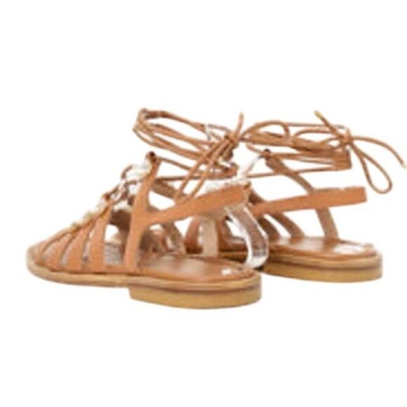 Stuart Weitzman Goldie Lace Up Pearly Leather Ankle-Tie Flat Sandals Tan Size 8 - Picture 11 of 12